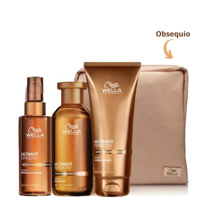 Rutina Hidratante y Anti Frizz para Cabellos Secos e Indisciplinado y sin Brillo Wella Ultimate Smooth (De Finos a Medios) + Cosmetiquera