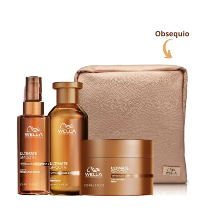 Rutina Hidratante y Anti Frizz para Cabellos Secos e Indisciplinados y sin Brillo Wella Ultimate Smooth (De Medios a Gruesos) + Cosmetiquera