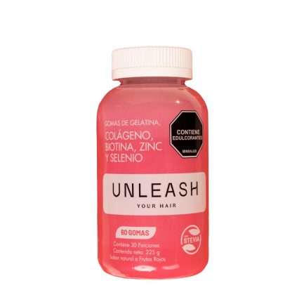 UNLEASH Gomas para el Crecimiento, Fortalecimiento y Prevención Caída del Cabello (Colágeno, Biotina, Zinc y Selenio) 60 Gomas